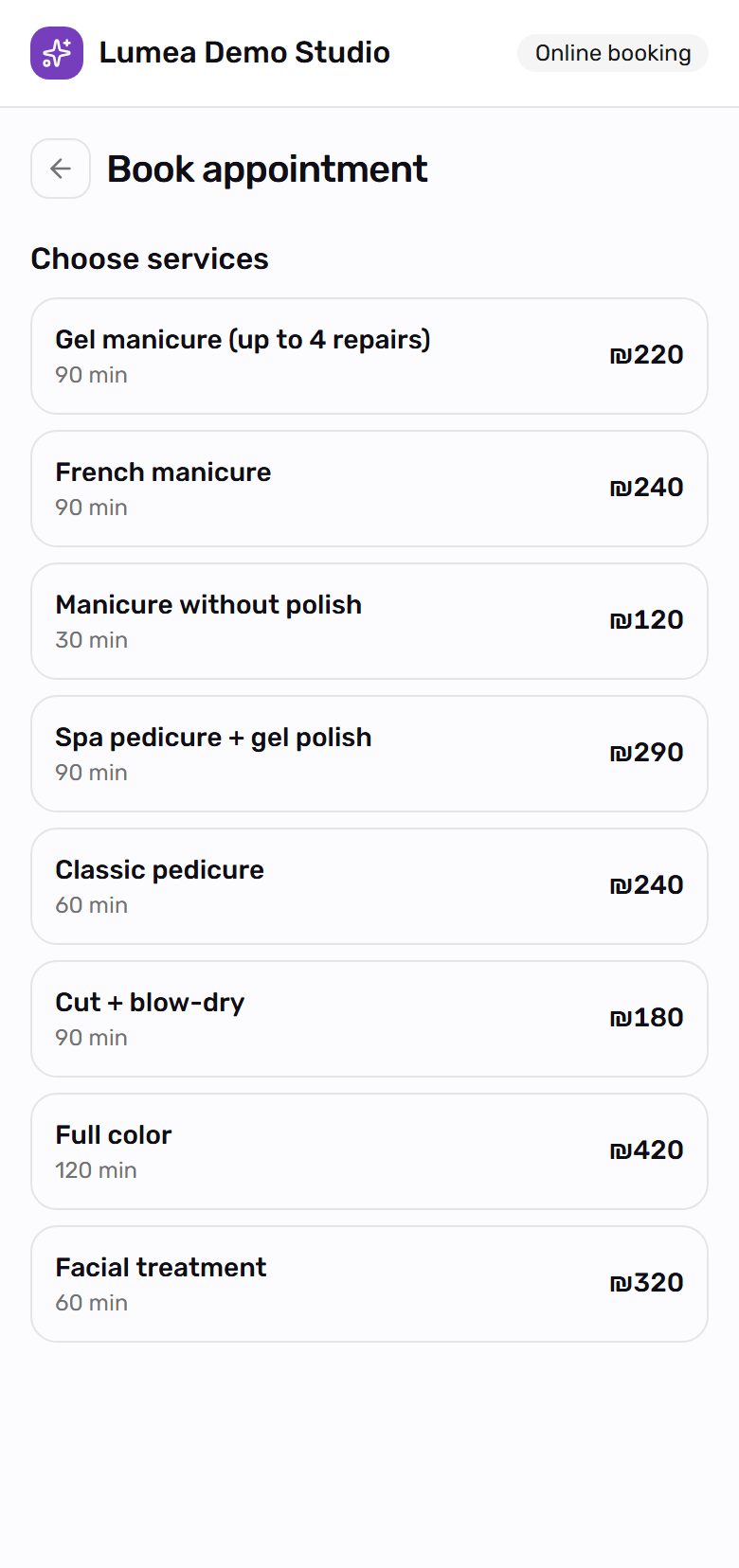 Choosing a service while booking on a phone