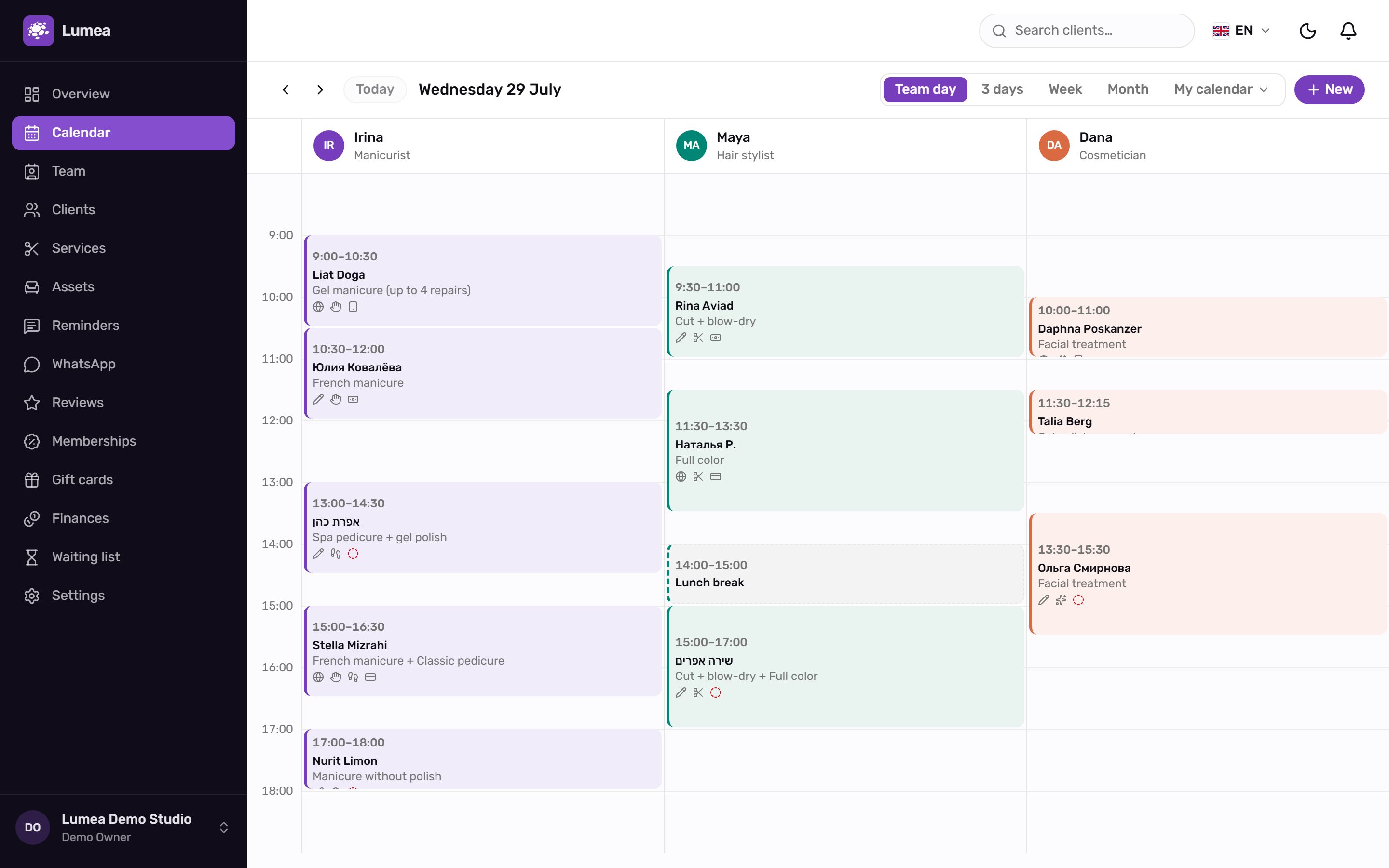 The Lumea team calendar, a day of colour-coded appointments across three specialists